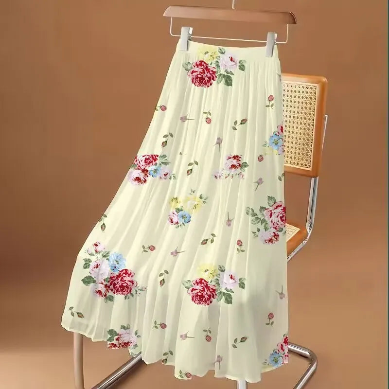Women's Floral Printed Long Chiffon Skirt, Elastic, High Waist, A Line, Max Pleated, Summer, Fashion