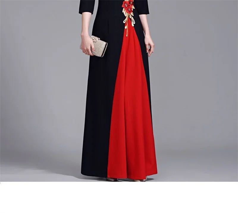 2025 Summer Women New Middle aged Elderly Dress Improved High end Non Ironing Show Elegant Slim And Long Embroide Red Dress 6XL