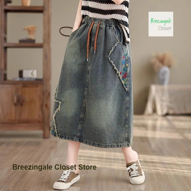 American Embroidered National Style Loose Denim Skirt Women's Spring and Summer New Fashion Temperament with Wild Skirt.