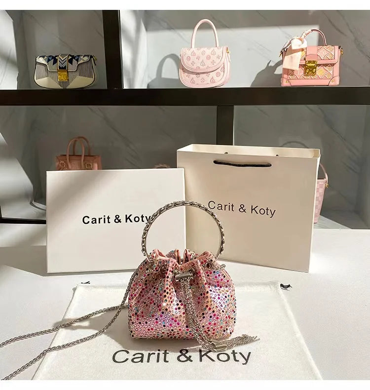 Crystal Shiny Diamonds Bucket Bag Fashion Women Handbag Metal Ring Handle Evening Bag Wedding Party Clutch Purse Crossbody Bag
