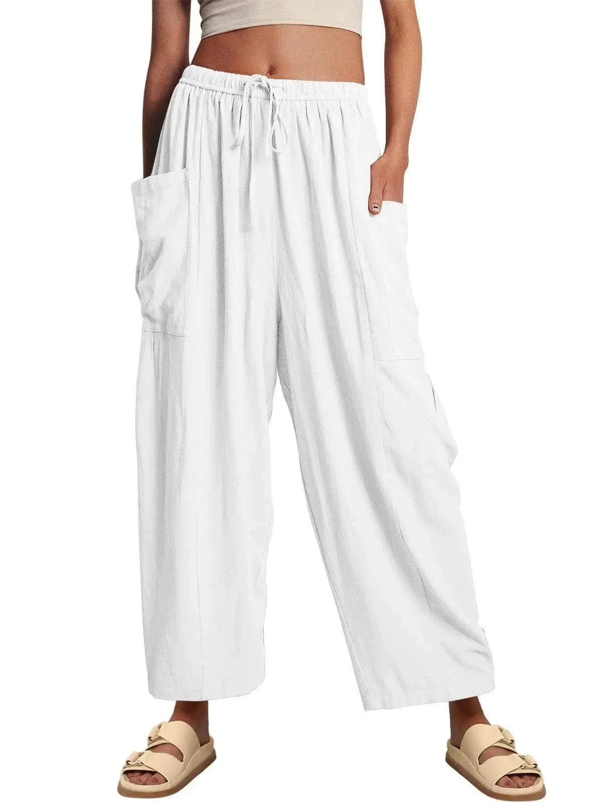 Loose Wide Leg Pants Women's Clothing Elastic Waist Pleated High Waist Casual Cotton Linen Solid Color Trousers Pants