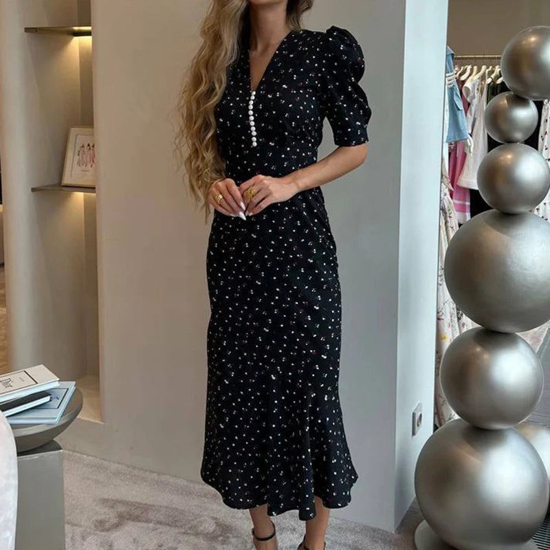 Summer French Temperament Women's Long Dress New V-neck Short Sleeved Slim Commuter Dress Printed Pattern Wrap Hip Mermaid Dress