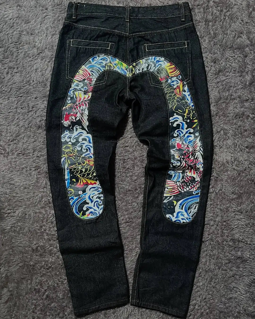 Japanese Harajuku Koi Cultural Style Trendy Brand Color Print Classic Jeans Men's Straight Slim Equipped Pants Couple Clothing