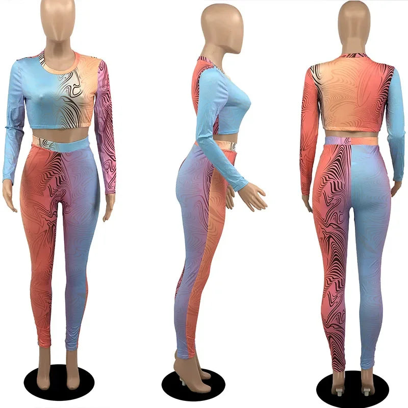 Printing 2 Piece Outfit Set Women Clothing Sportwear Fitness Skinny Long Sleeve Top and Pants Leggings Matching Sets Tracksuit