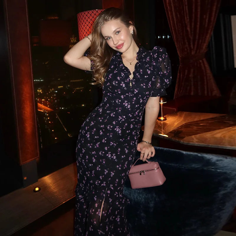 Printed Lace Trim V Neck Puff Sleeve Maxi Dress for Women