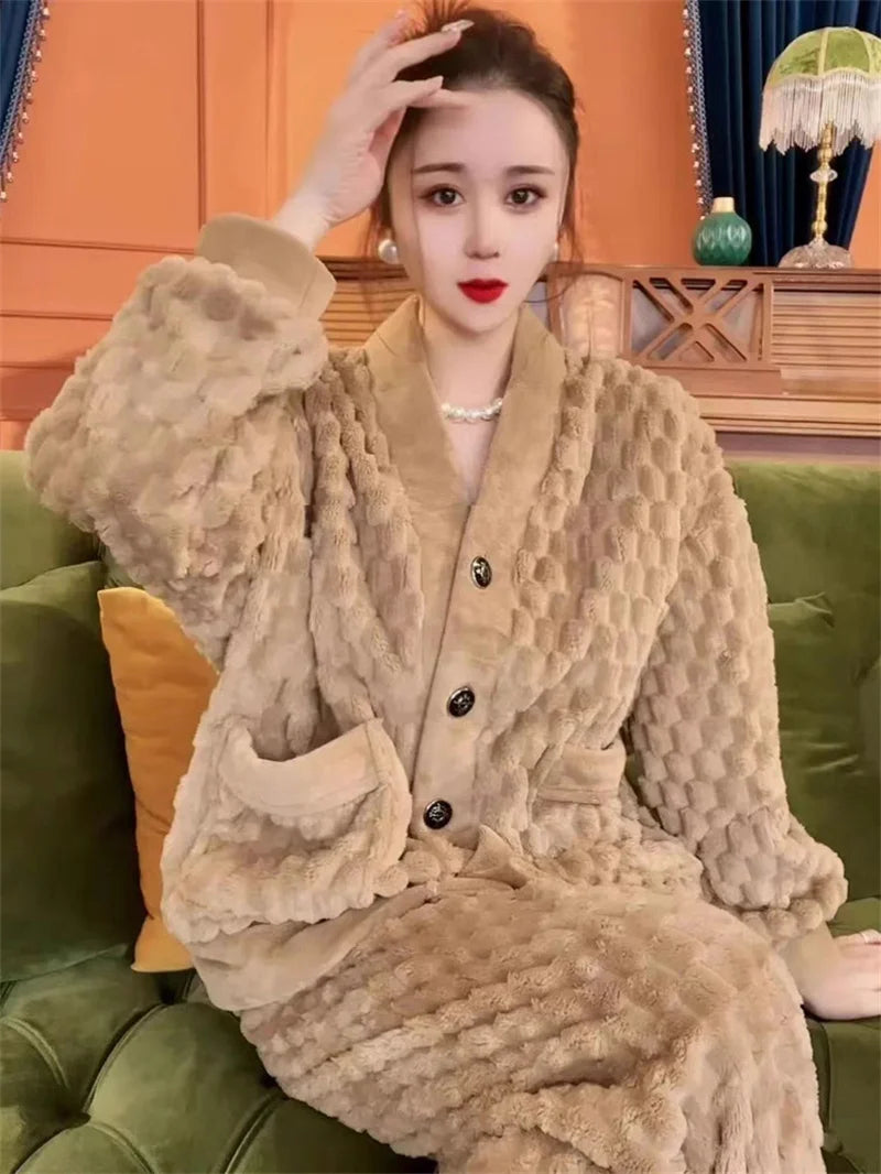 5XL Stripes Women's Flannel Cardigan Home Fur Solid Color Loose Coral Velvet Pajama Set Autumn/Winter Pants Two Piece Suit Red