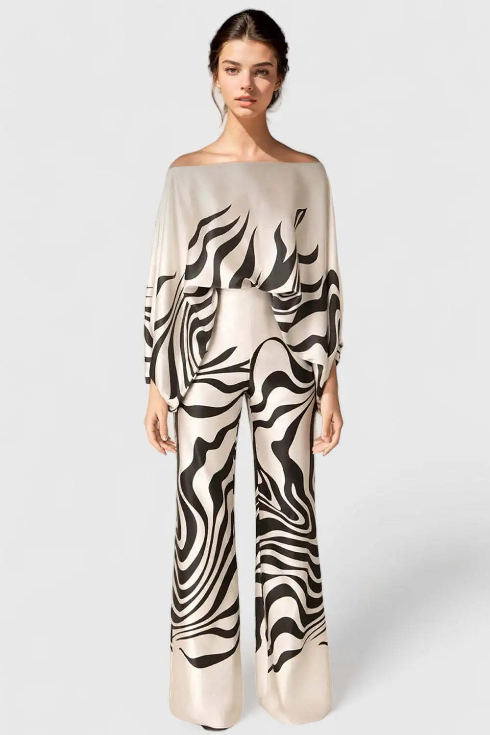 CM.YAYA Women Set Full Batwing Sleeve Slash Neck print Top + Wide Leg Pants Summer Street Two 2 Piece Sets Sexy Outfit Tracksuit
