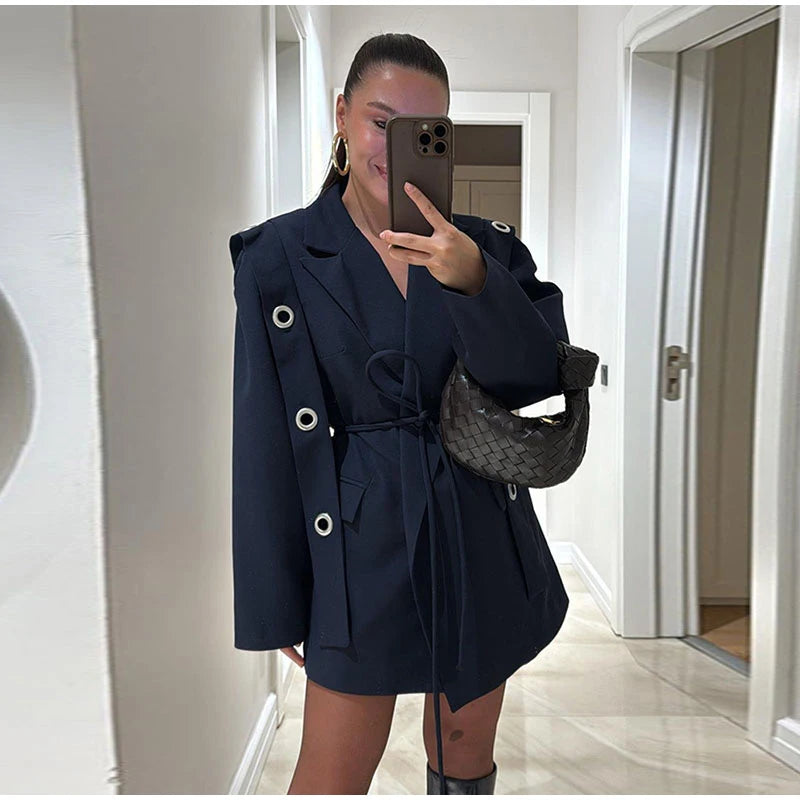 Vintage Tie Up Women 's Coats Elegant Laple Full Sleeve Pockets Hollow Out Blazer Female 2025 Autumn Winter Fashion Streetwears