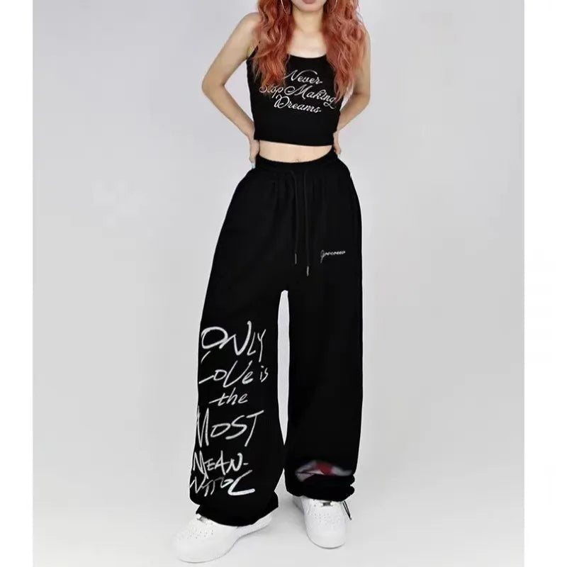 Black White Drawstring Design Sweatpants Women High Street Hip-hop Wide Leg Pants Women New Summer All-match Long Trousers