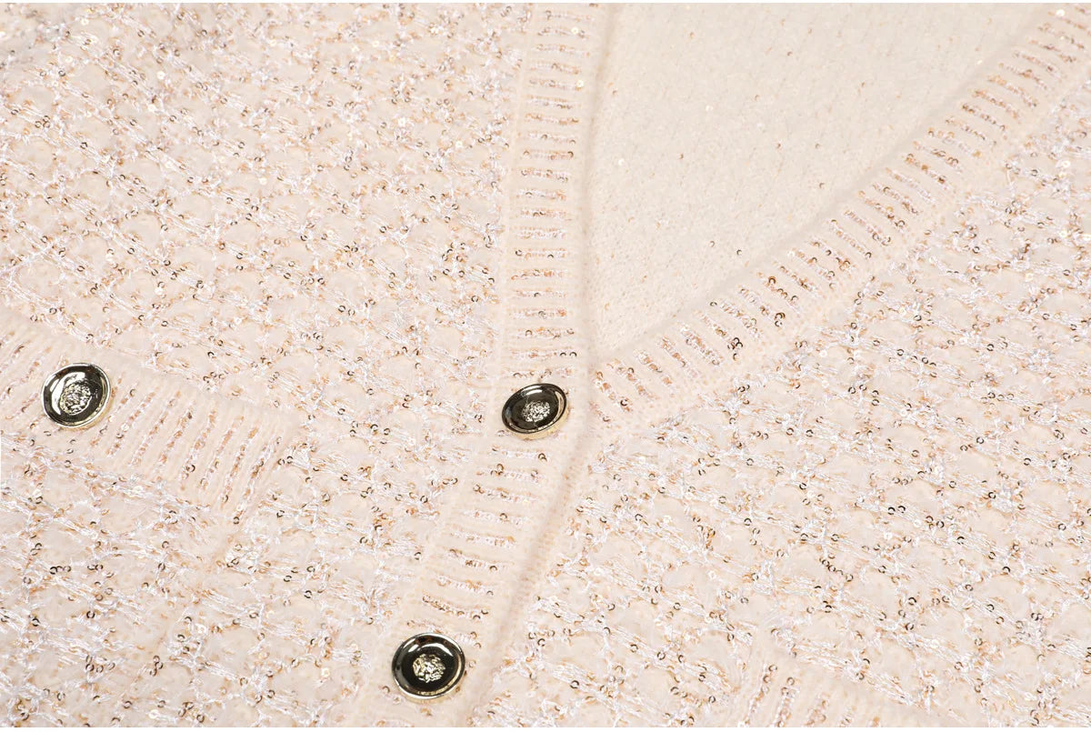 2025 Spring and Autumn New High-end Fashion Long-sleeved Sequined Knitted Cardigan Elegant Commuter V-neck Cardigan Top Jacket