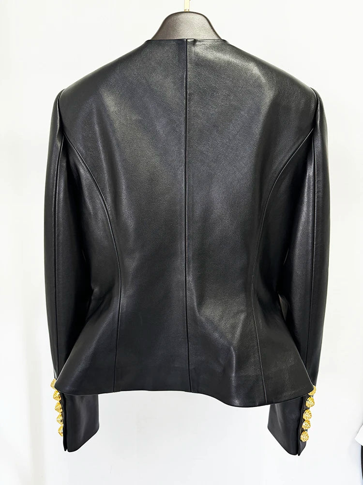 HIGH STREET Newest 2025 Designer Jacket Women's Slim Fitting Snail Button Artificial Leather Blazer