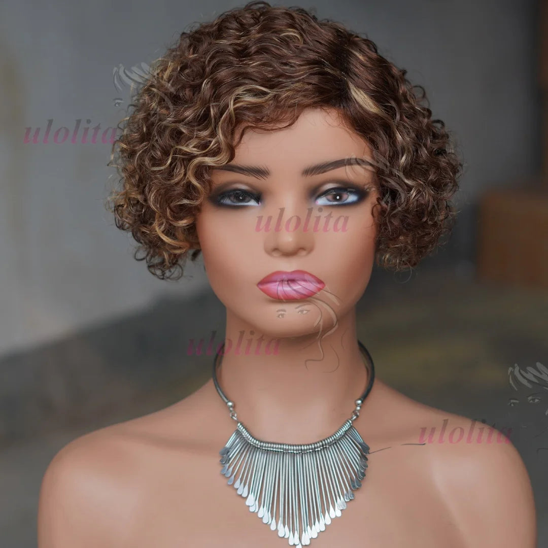 Ombre Pixie Cut Curly Bob Human Hair Wig for Women