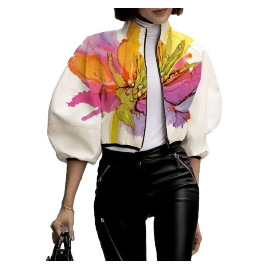 Women's Autumn New Jacket Floral Printed High Neck Puff Sleeves Coat Zippered Half Sleeve Loose Fit Outerwears