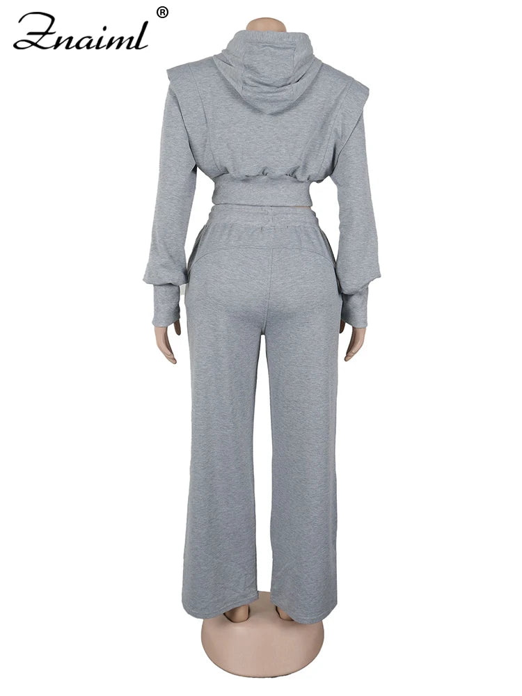 Znaiml Gray Outfit Women Sport Two 2 Piece Winter Sweatshirt Hoodies Tops and Wide Leg Pants Tracksuit Streetwear Sportsuit 2025