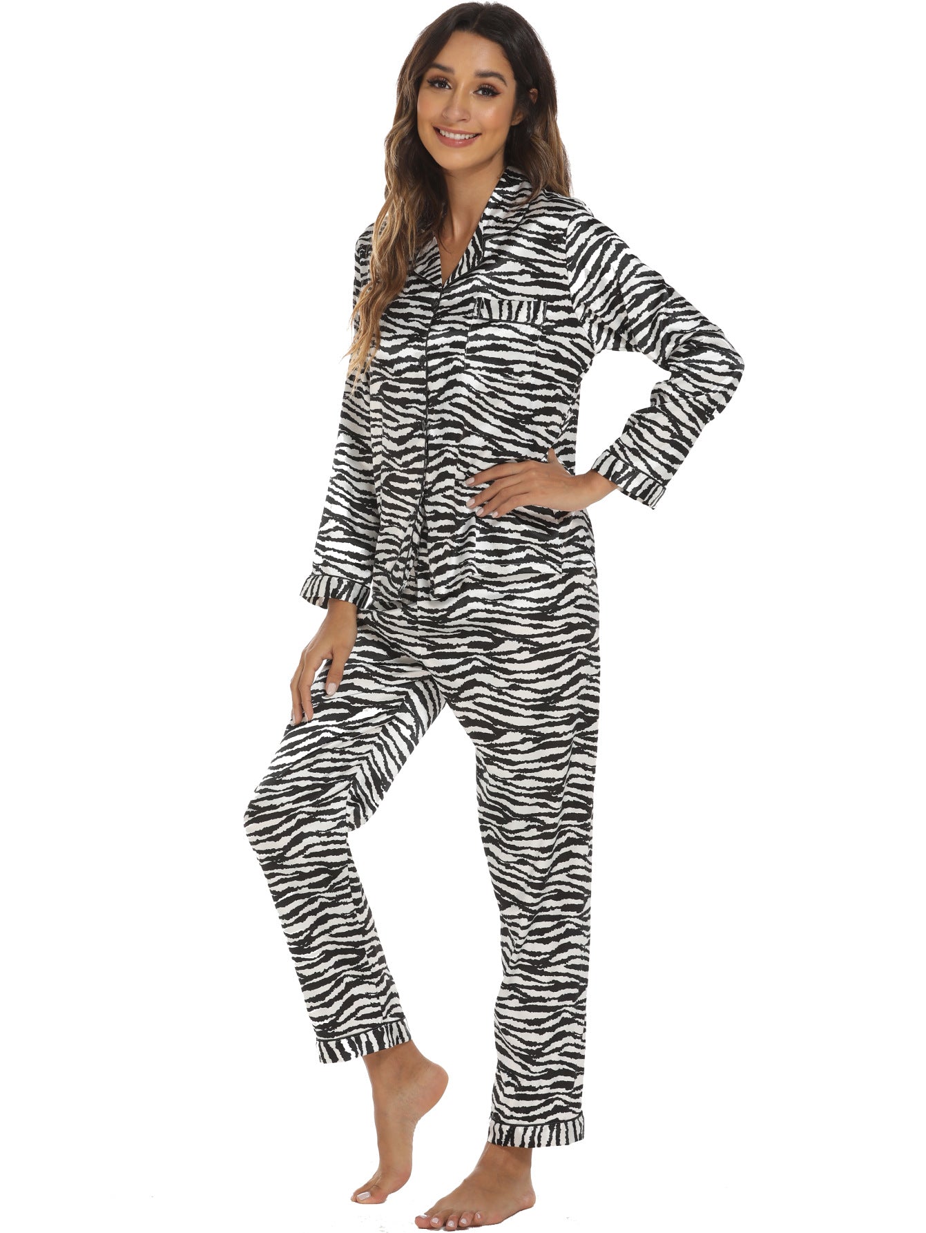 Women 2 Pieces Satin Pajamas Set Spring Autumn Long Sleeve Button Up Shirt and Casual Loose Elastic Pants Sleepwear Loungewear