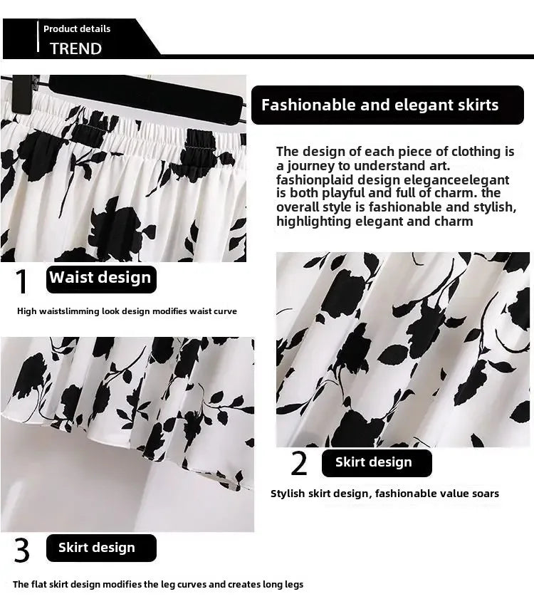 Plus Size High-Waisted Slimming Plus Size Women's Rose Skirt 2024 Summer Medium-Length Stylish BBQ Hip Covering Casual Dress