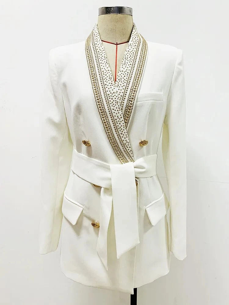HIGH STREET Newest 2024 Stylish Designer Jacket Women's Metal Sheets Beading Belted Shawl Collar Blazer