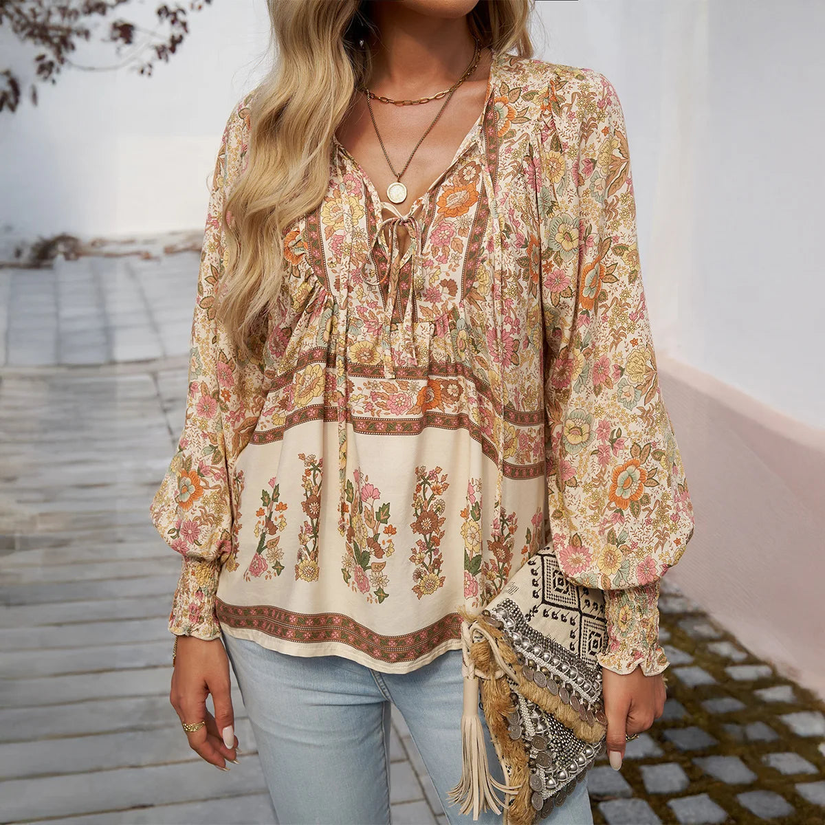 2025 Spring Summer Printed Shirt Women Elegant Chiffon V-neck Long-sleeve Top