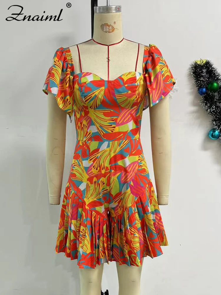 Znaiml Fashion Summer Playsuit Low Cut Short Sleeve Pleated Ruffles Printing Playsuit Women Boho African Orange Short Jumpsuit