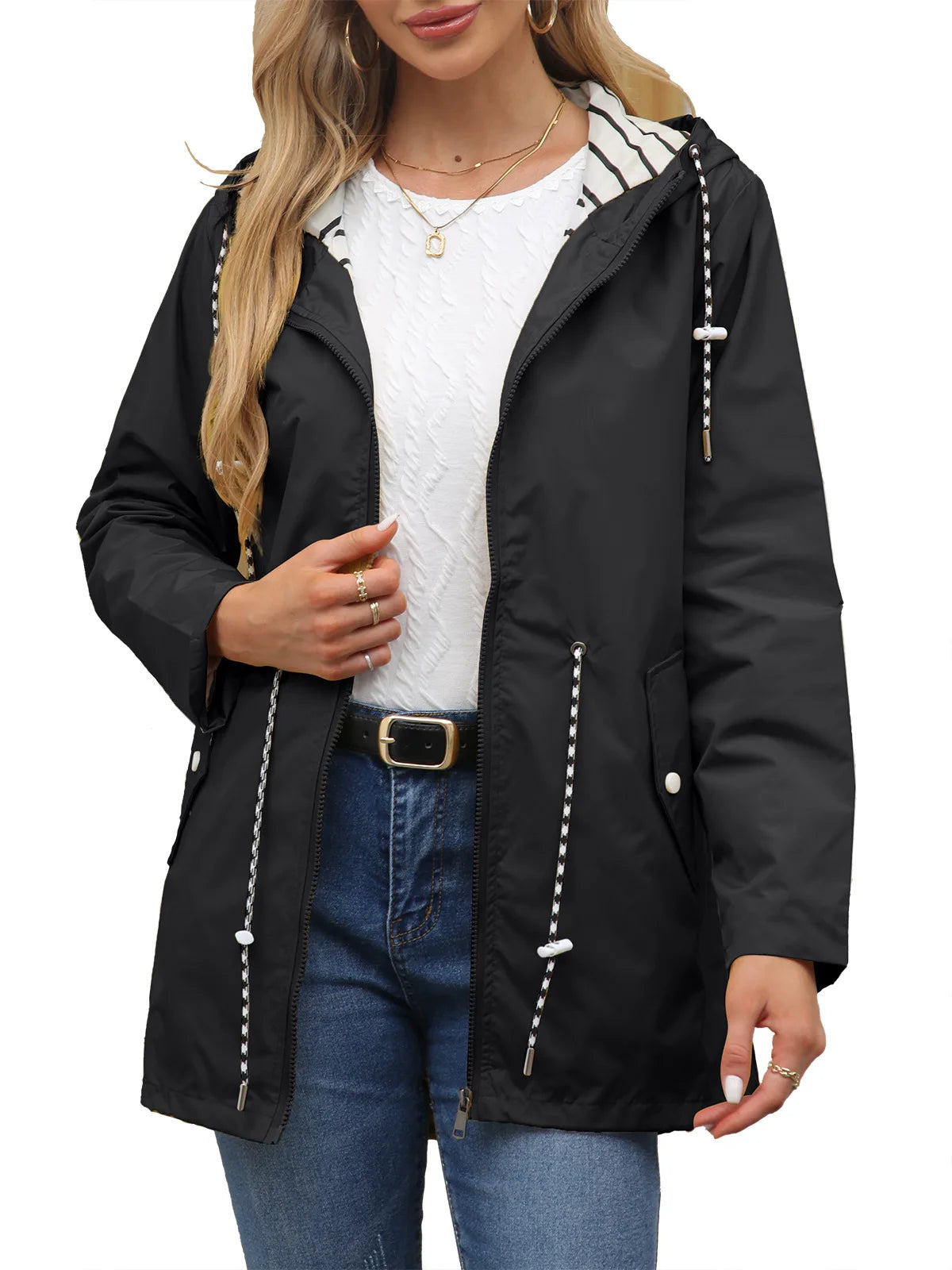 Women Outdoor Windbreaker Casual Loose Hooded Waterproof Raincoat Long Sleeve Solid Color Mid-length Zipper Hiking Jackets