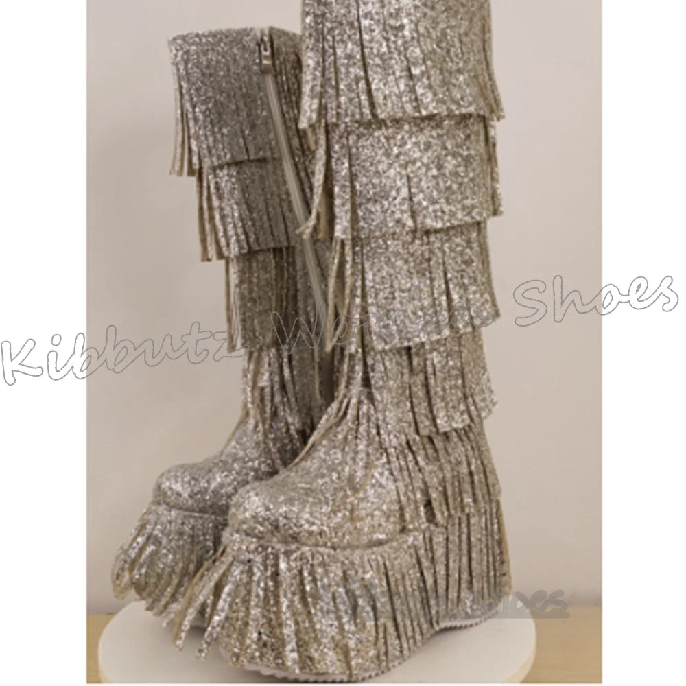 Bling Knee High Boots Platform Glossy Round Toe Thick Bottom Zipper Fashion Luxury Elegant Concise Sexy Novelty Women Shoes New
