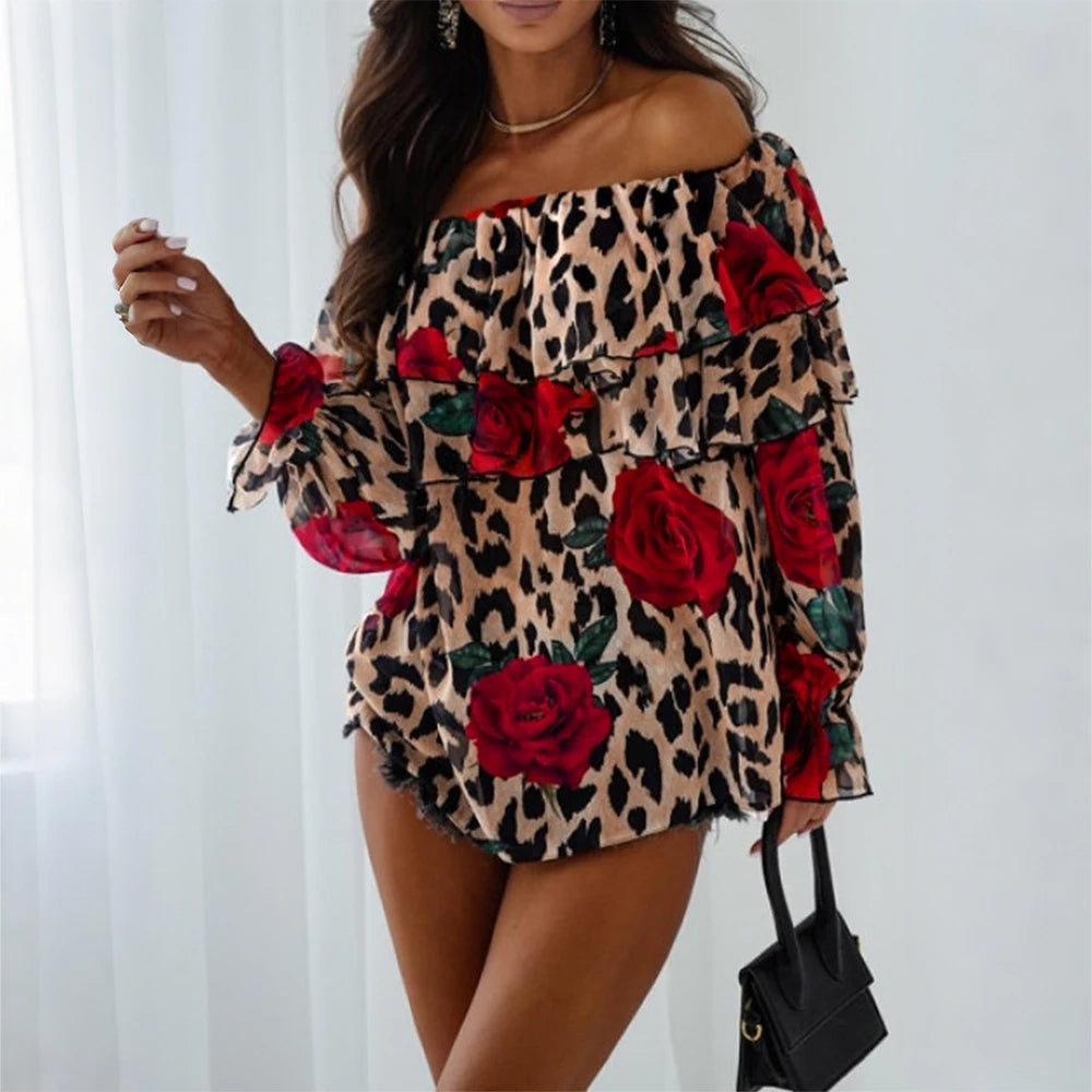 Women's Sexy Leopard Floral Printed Slash Neck Chiffon Blouse Autumn Spring Ladies Ruffle Casual Holiday Tops Size S-2XL