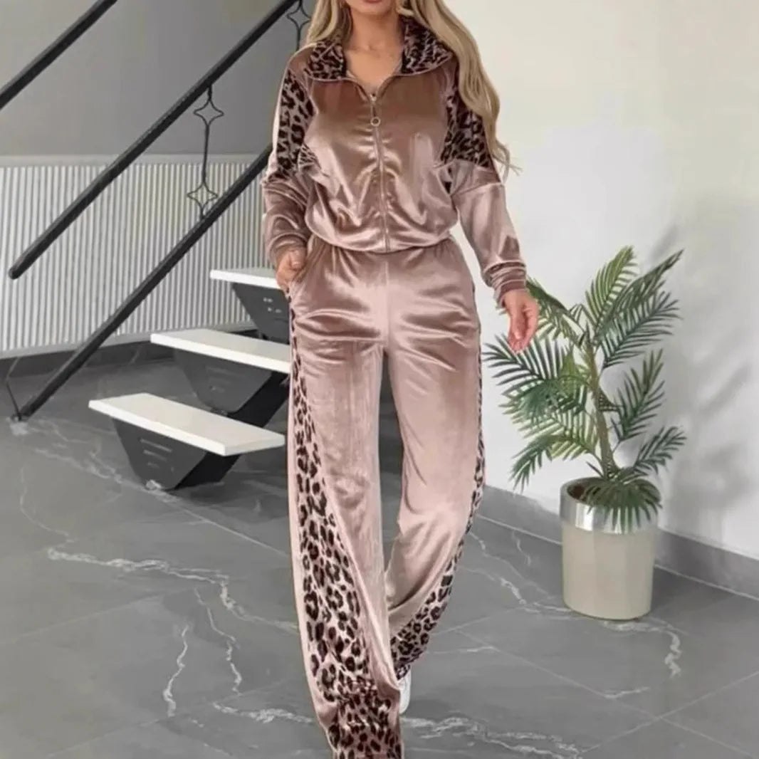 2025 Autumn Fashion Women Two Pieces Set Leopard Print Long-sleeved Lapel Zipper Straight Pants Ladies Suit Casual Outfit Female