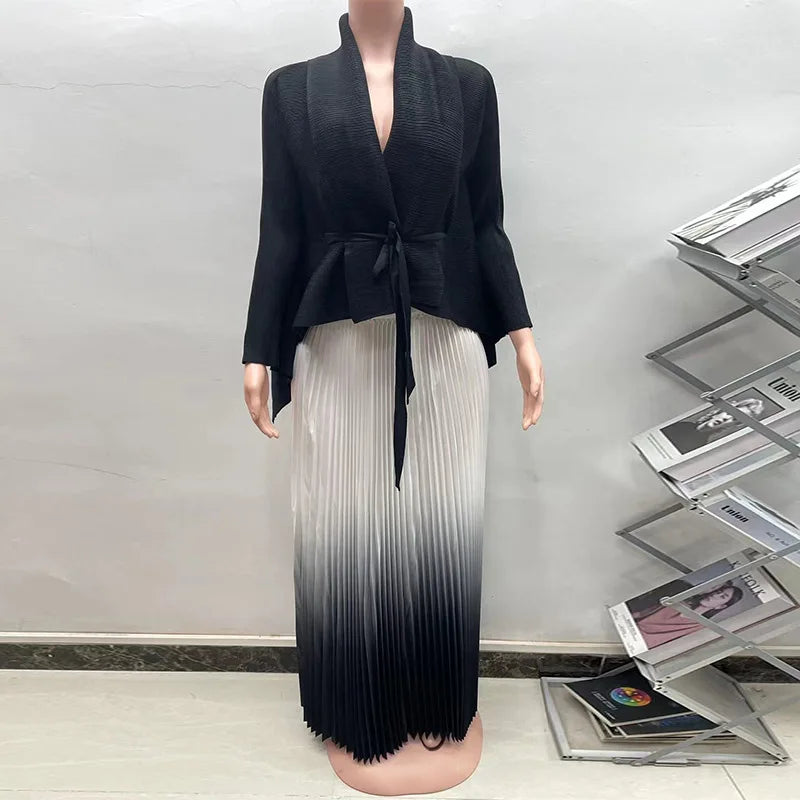 CM.YAYA Gradient Women's Set Full Sleeve Belt Blouse Shirt +Pleated Long Skirts Suit Street Two 2 Piece Set Outfit Tracksuit