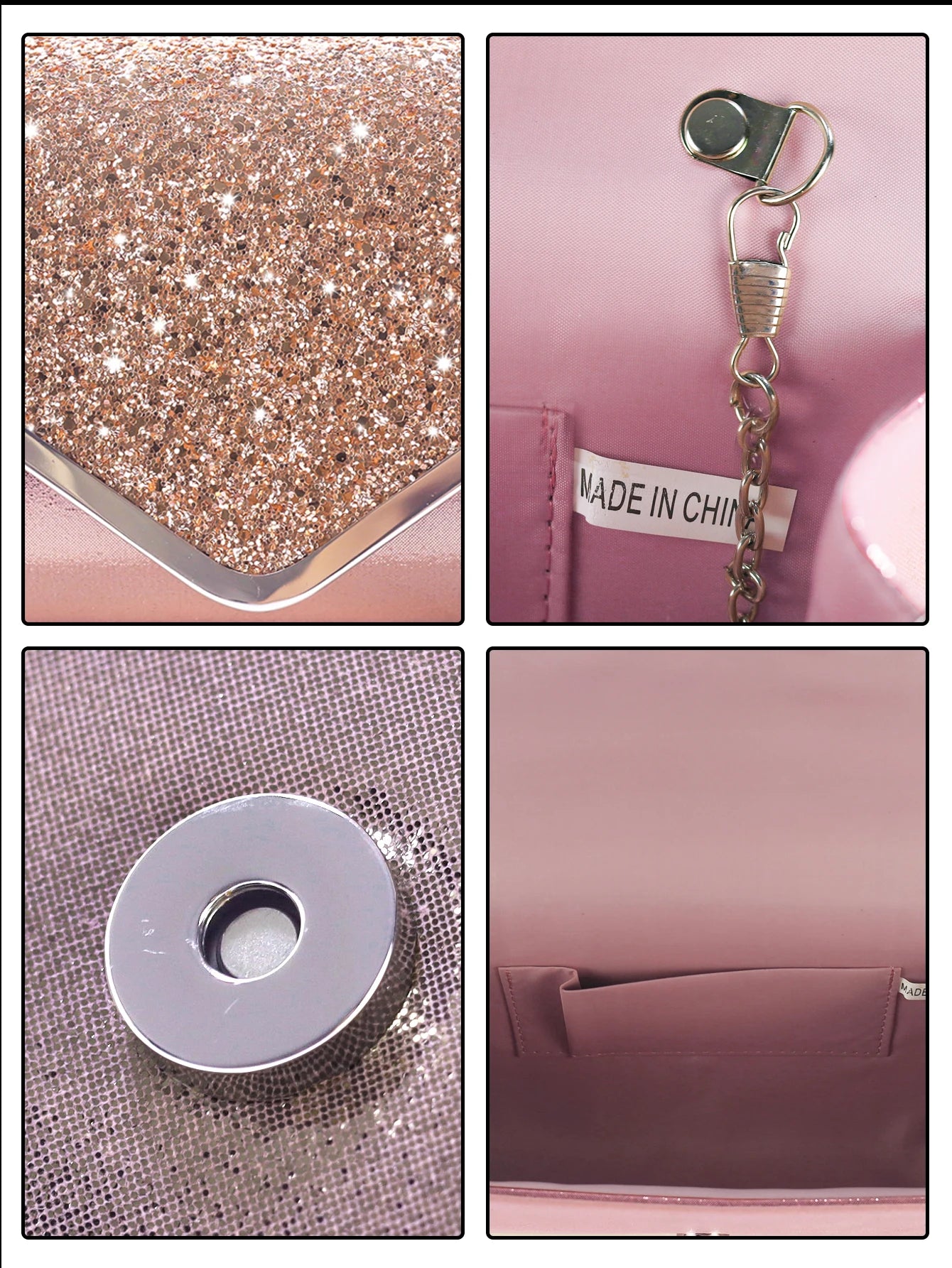 Sparkling and luxurious sequined evening clutch for women, paired with a gorgeous rhinestone necklace, earrings and bracelet set