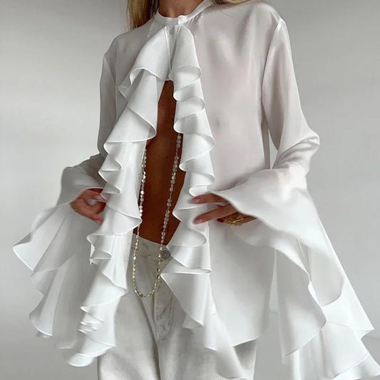 Elegant Blouses Women Fashion Sexy Hot Girl Ruffle Long Sleeve Shirt New Style Temperament Cardigan Top Y2k 2025 Summer New