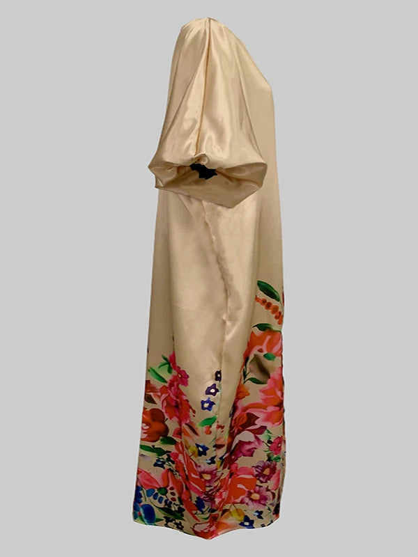 Beautyblue Plus Size Women's Clothing Robe De Soiree Femmes Elegant Floral Printed Boat Neck Puff Sleeves Oversized Maxi Dress