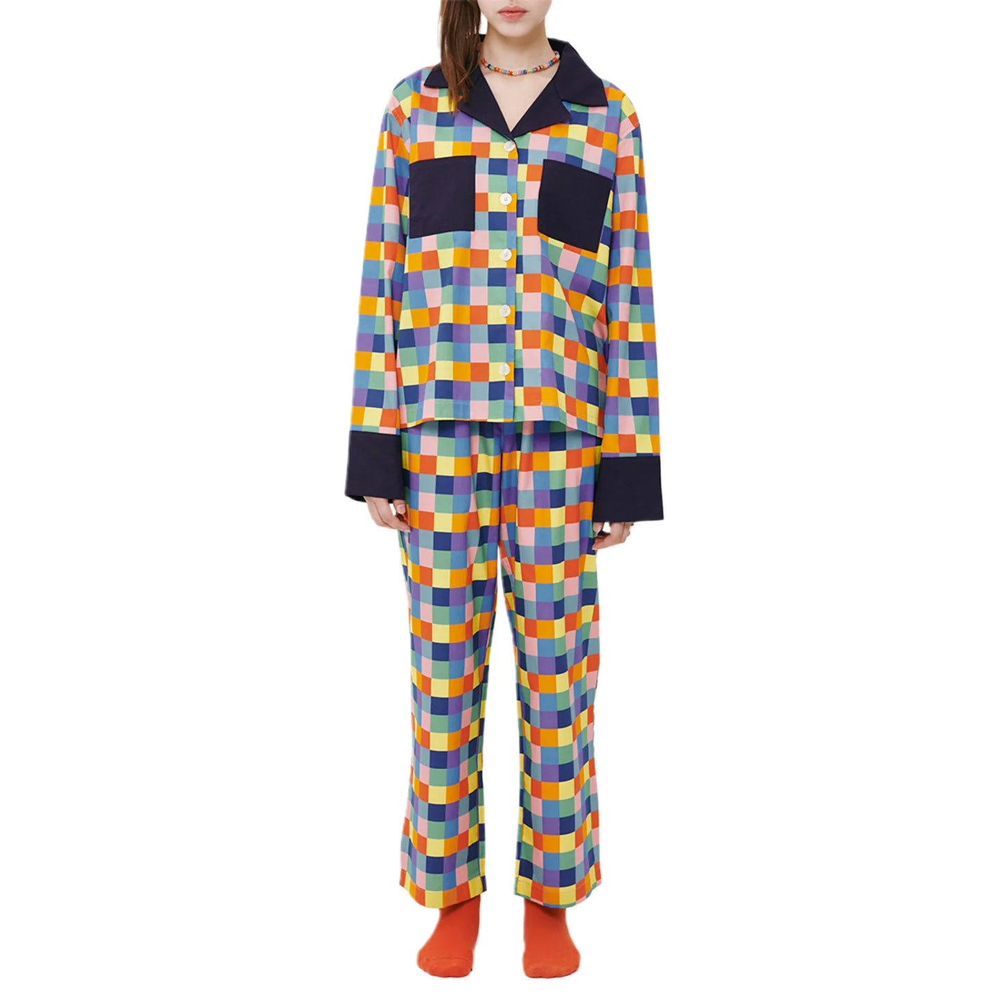 Women 2 Piece Pajamas Set Colorful Plaid Print Long Sleeve Button up Shirt and Elastic Pants for Loungewear Soft Sleepwear Pjs