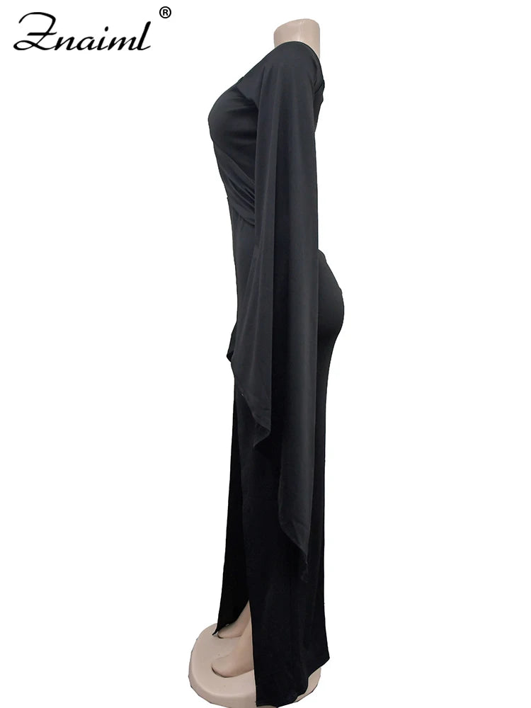 Znaiml Elegant Flare Sleeve Celebrity Nightclub Maxi Long Dresses for Women Sexy High Split Evening Party Prom Birthday Vestidos