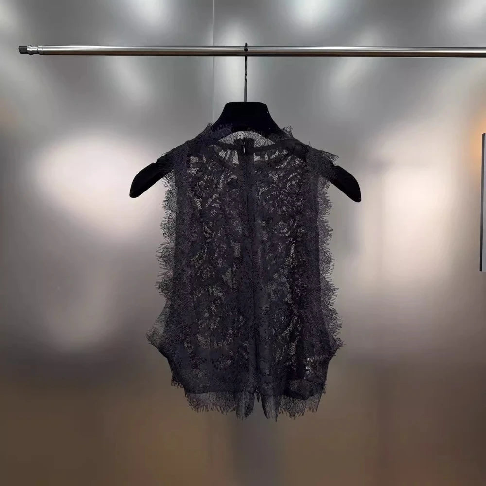 VGH Basics Vintage Spliced Zipper Sheer Vest for Women O Neck Sleeveless Slimming Spliced Lace Edge Temperament Tank Tops Female