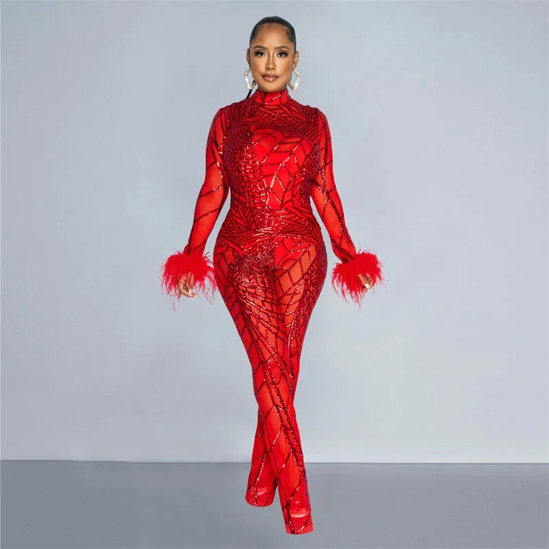 Znaiml Feather Long Sleeve Sequins Bodycon Jumpsuit Women Bodysuit Mesh See Through One Piece Overalls Birthday Party Outfits
