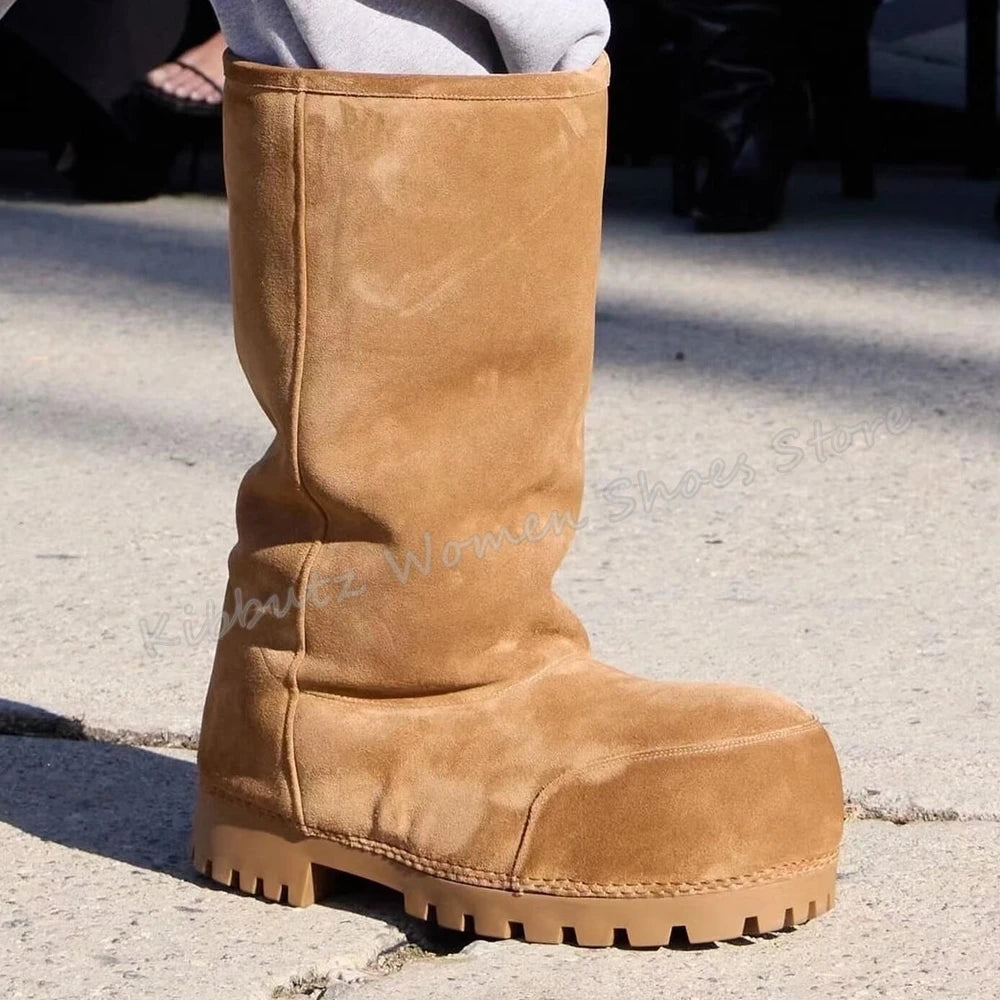 Suede Warm Winter Snow Boots Knee High Big Round Toe Flat With Outdoor Fashion Concise Luxury Sexy Novelty Slip-On Shoes Newest