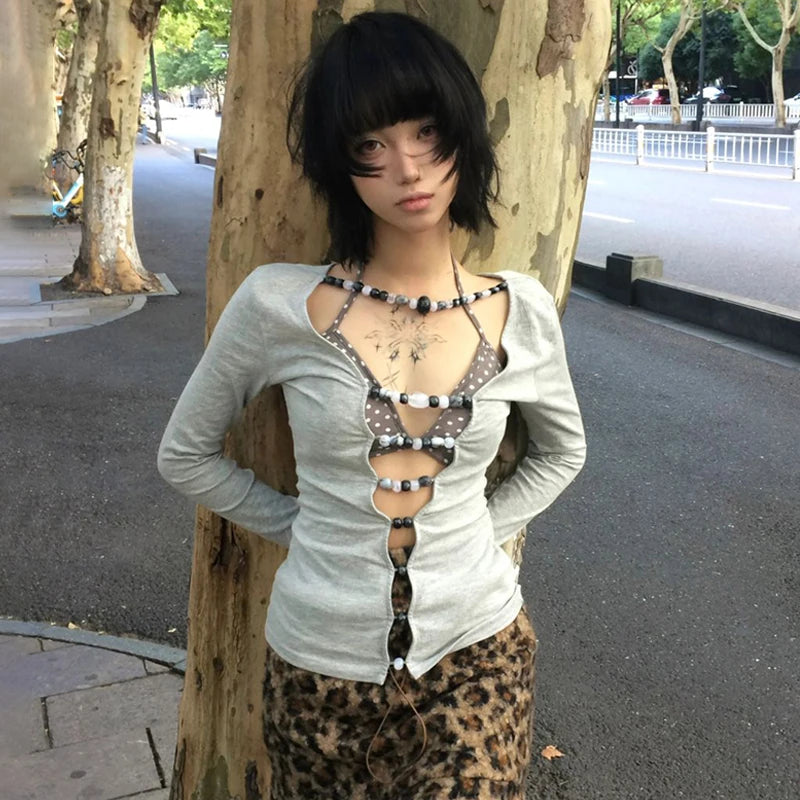 Karrram Japanese Y2k Hollow Out T-shirt 2000s Aesthetics Long Sleeve Beaded Tops Vintage Harajuku Sexy Streetwear American Retro