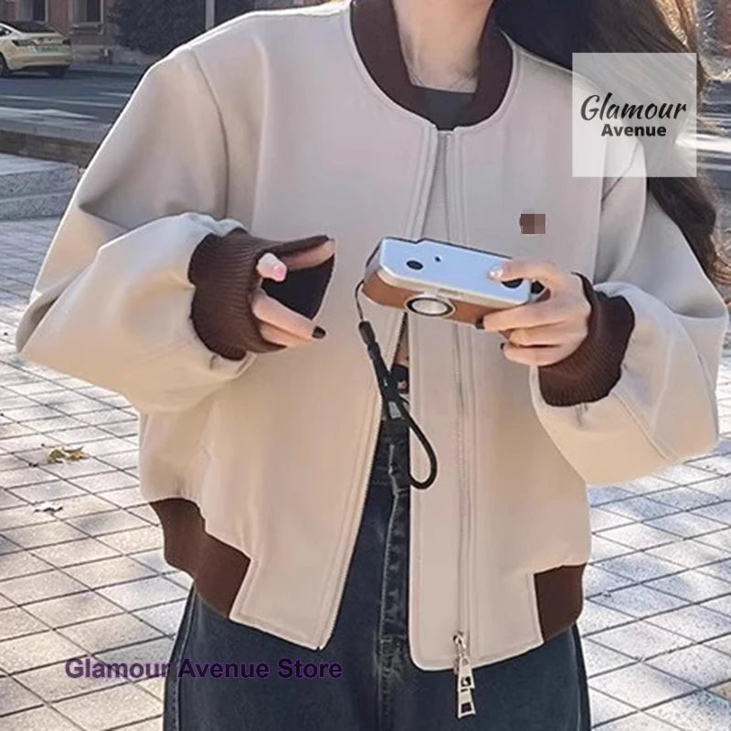 American retro street baseball uniform jacket women's spring and autumn new contrast thin casual Joker short jacket top.