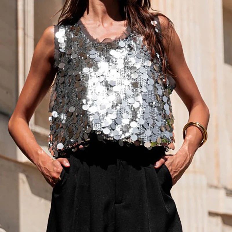 Fashion Women's Clothing Holiday Blouses Shiny Sequined Sleeveless Vest Top Summer Ladies O-neck Hollow Out Club Party T-shirt