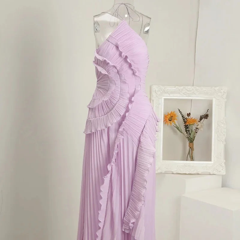 Chic Pleated Halter Neck Long Vacation Dress High Quality Purple Strapless Lotus Edge Maxi Dress 2025 New Lady Vacation Gown