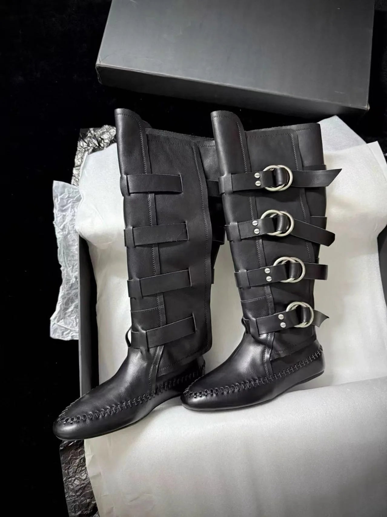 Flat Bottom Real Leather Mid Calf Boots With Metal Buckle For Women