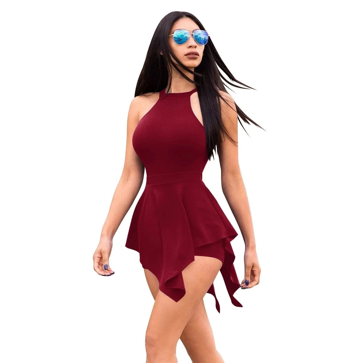 Blue Ruched Casual Playsuit Sexy Women O-neck Bodycon Backless Club Romper Overalls