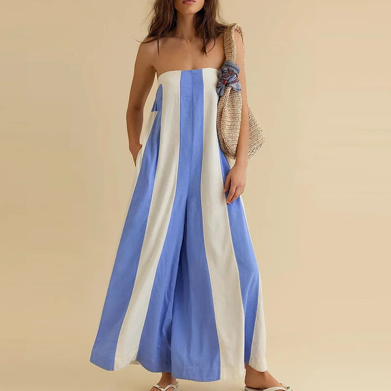 Summer Beach Hollowed Out Backless Long Pants Playsuit Bohemian Commuting Rompers Casual Striped Printed Off Shoulder Jumpsuit