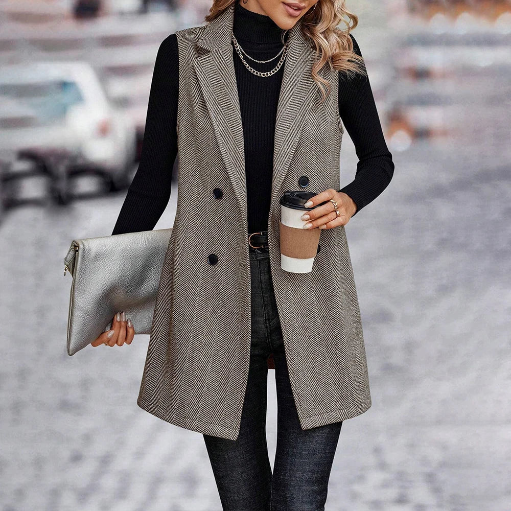 Women's Elegant Turn Down Collor Sleeveless Buttons Vest Blazer Coats Mid-Jackets Winter Ladies Office Work Outwear Outcoat S-XL