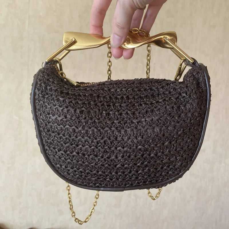 Women's Woven Bag Fashion Luxurious Simple Metal Evening Clutch Casual Versatile Vintage High-end Design  Women's Shoulder Bag