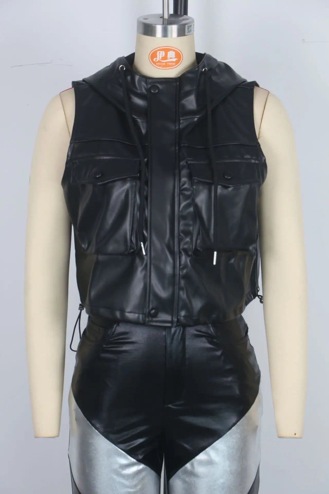 European and American fashion women's draw rope with hat three-dimensional pocket zipper PU leather vest for women