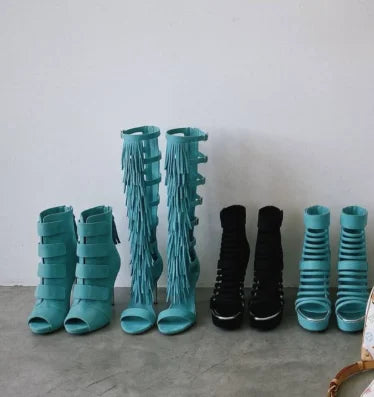 Baby Blue Buckled Suede Peep Toe Ankle Boots For Women