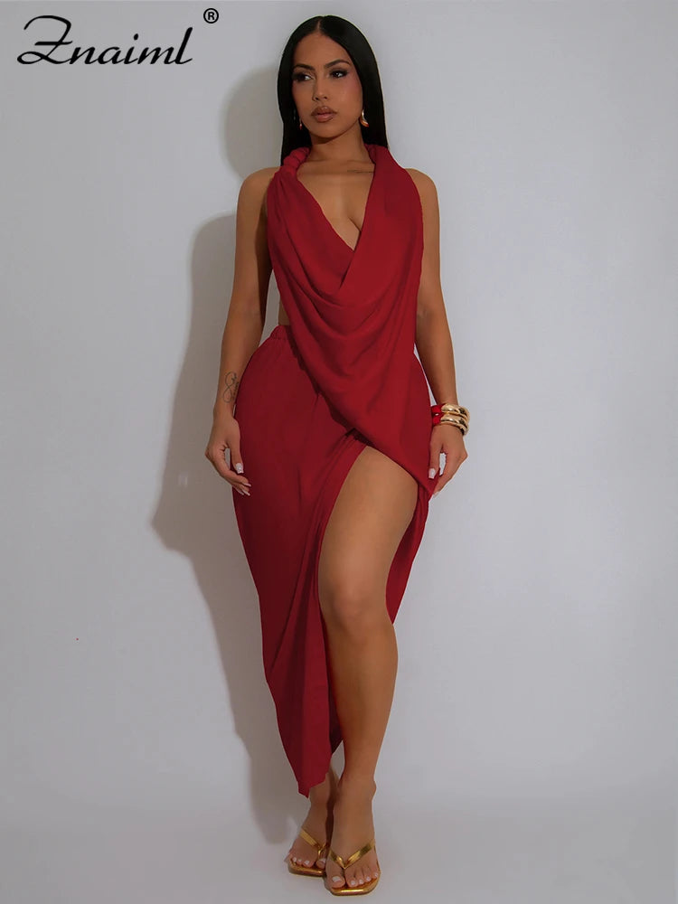 Znaiml Sexy Sleeveless Backless Halter Side Split Deep V-Neck Bodycon Dress Elegant Women Birthday Midnight Party Club Vestidos