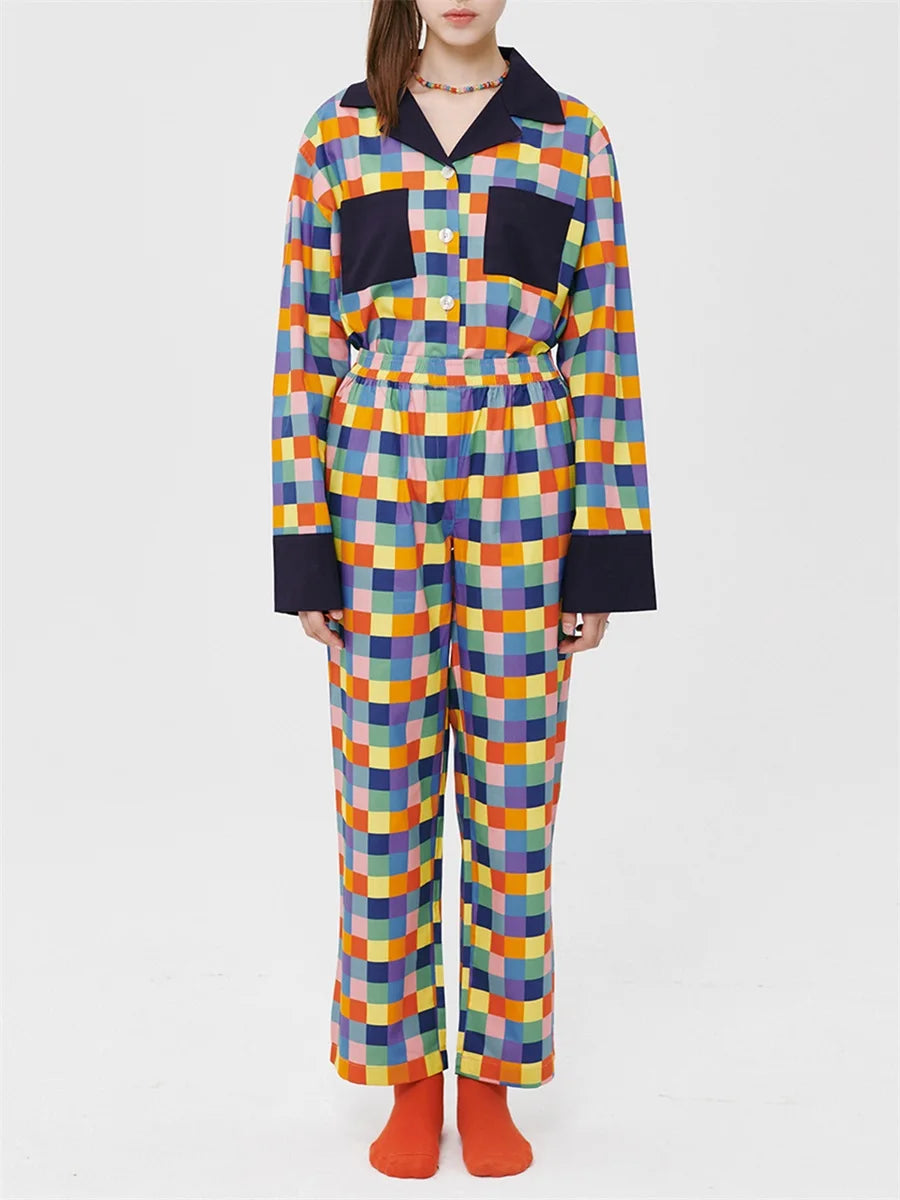 Women 2 Piece Pajamas Set Colorful Plaid Print Long Sleeve Button up Shirt and Elastic Pants for Loungewear Soft Sleepwear Pjs
