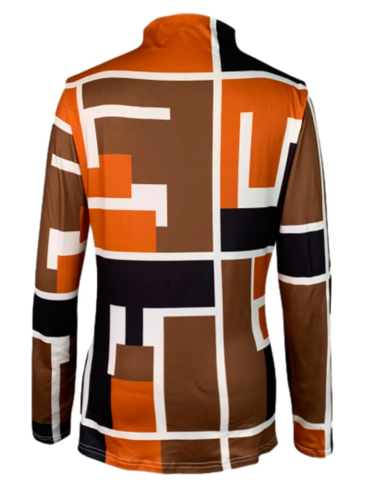 Pullover High Neck T-Shirts Tops Geometric Printed Long Sleeves Skinny Simple Fashion Autumn Winter famale clothing